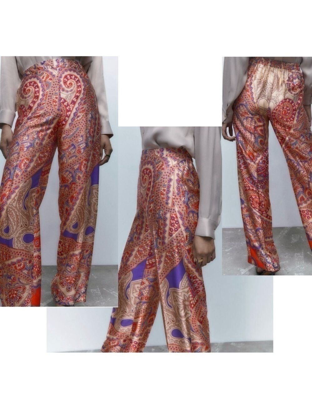 Zara satin effect paisley print red cream purple pyjama pants Sz XS NWT